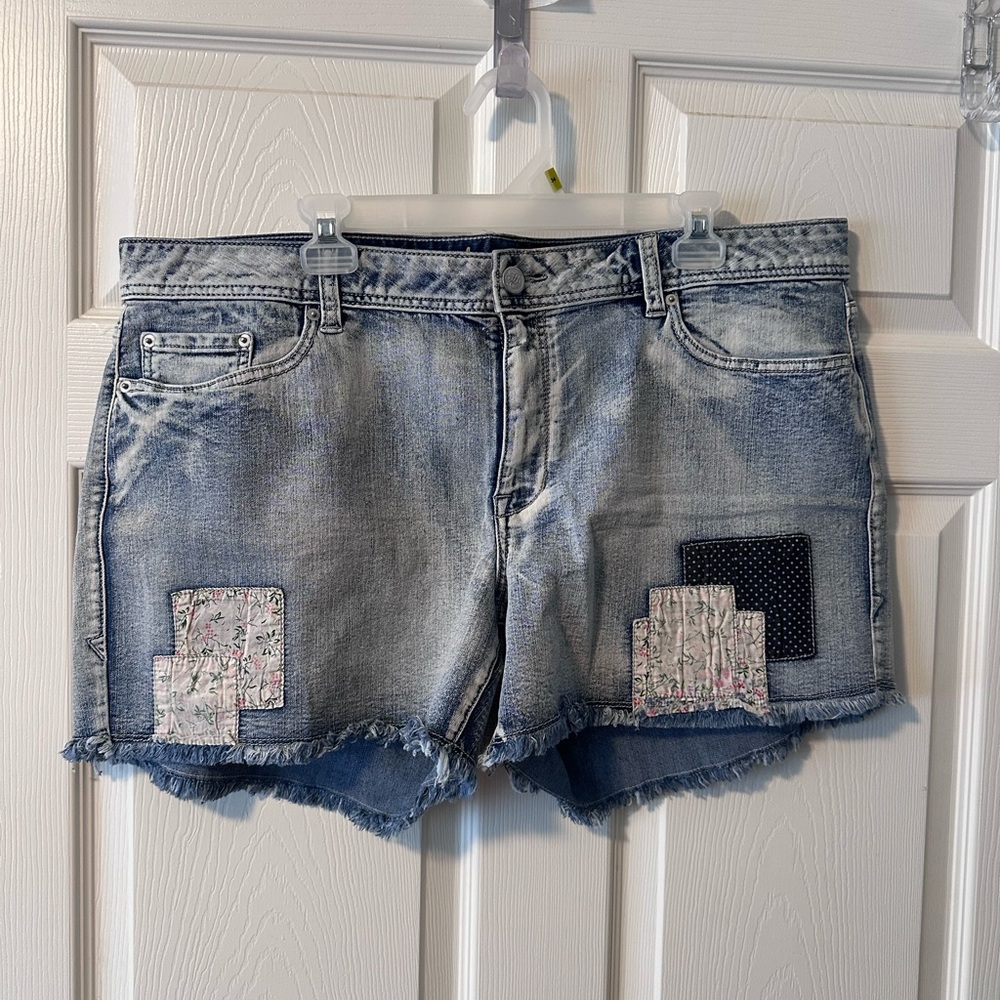 American Rag Blue Distressed Jean Shorts with Lace Accents